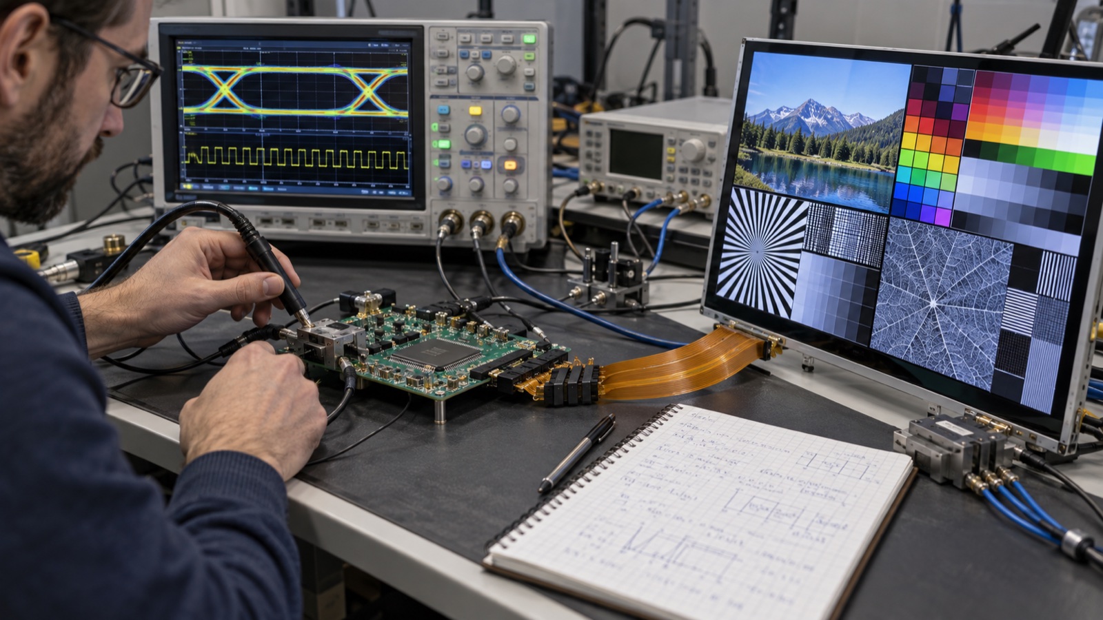 Display engineer measuring a high-speed interface while reviewing pixel-clock and lane calculations