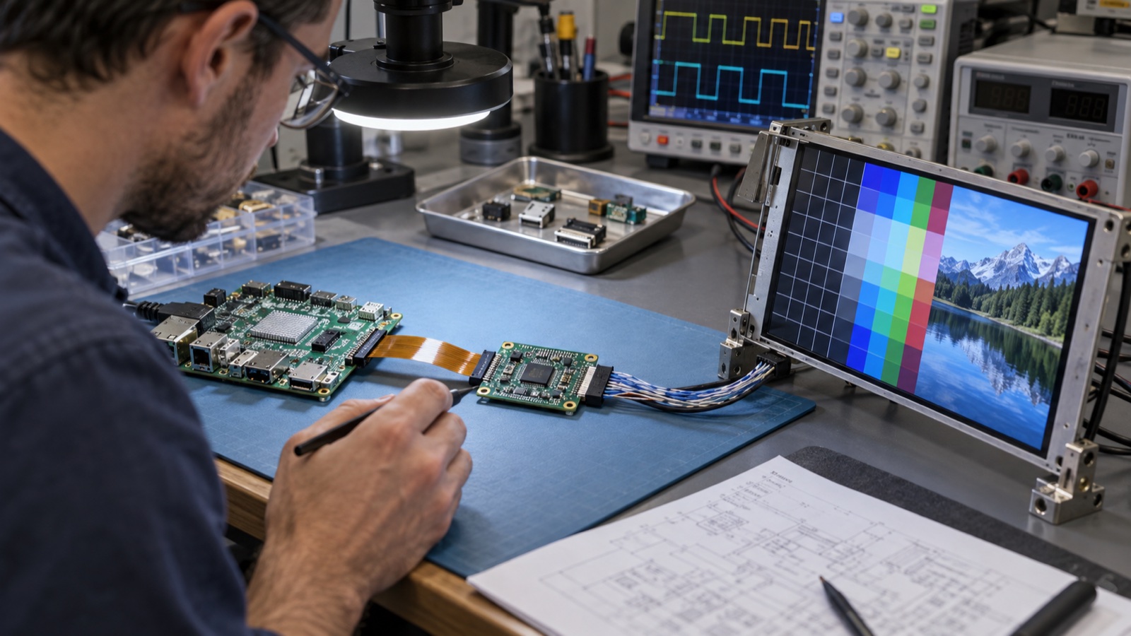 Hardware engineer inspecting a display bridge IC board connected between an embedded processor and LCD