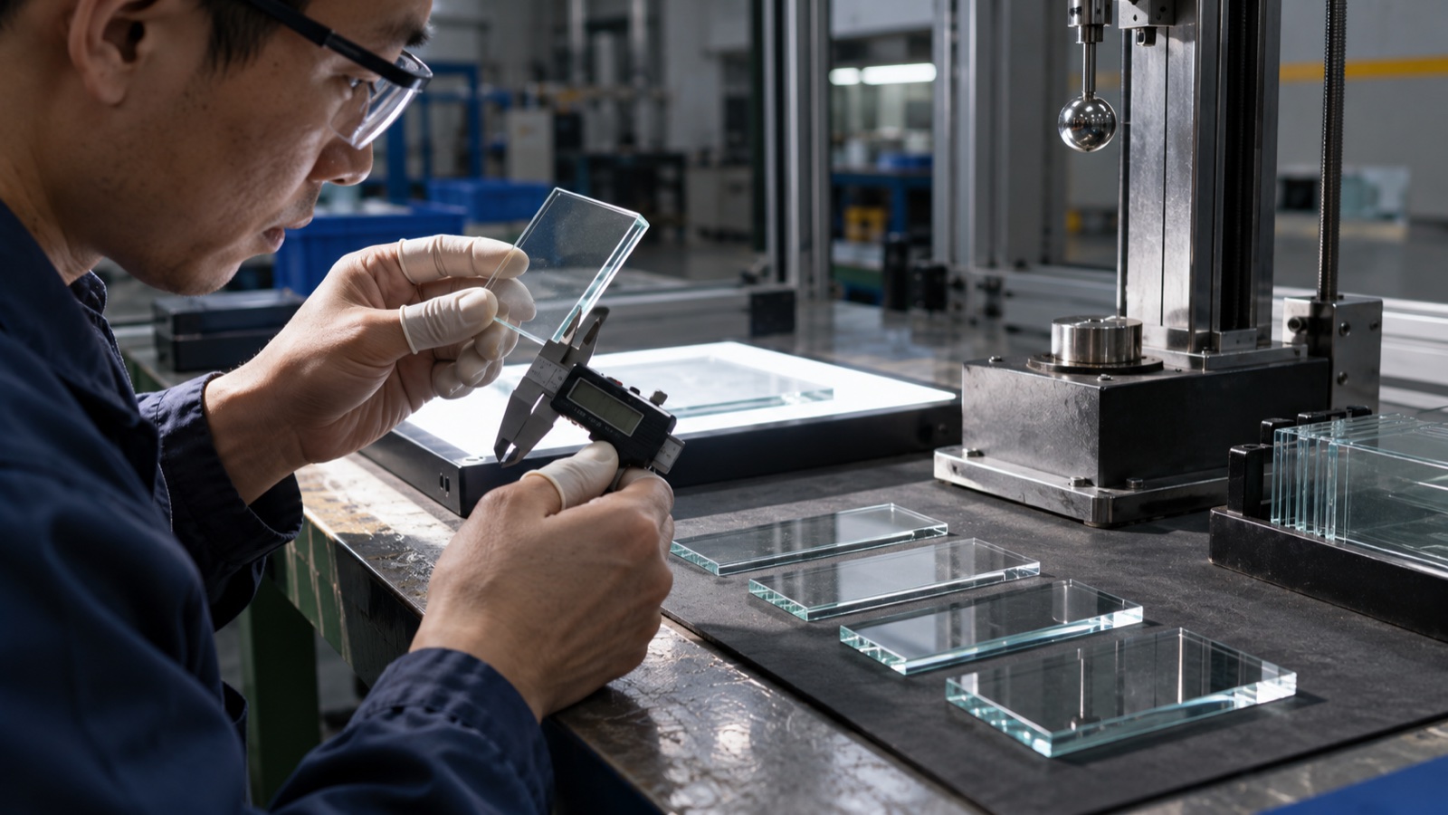 Technician measuring industrial cover-glass thickness beside an impact-test fixture
