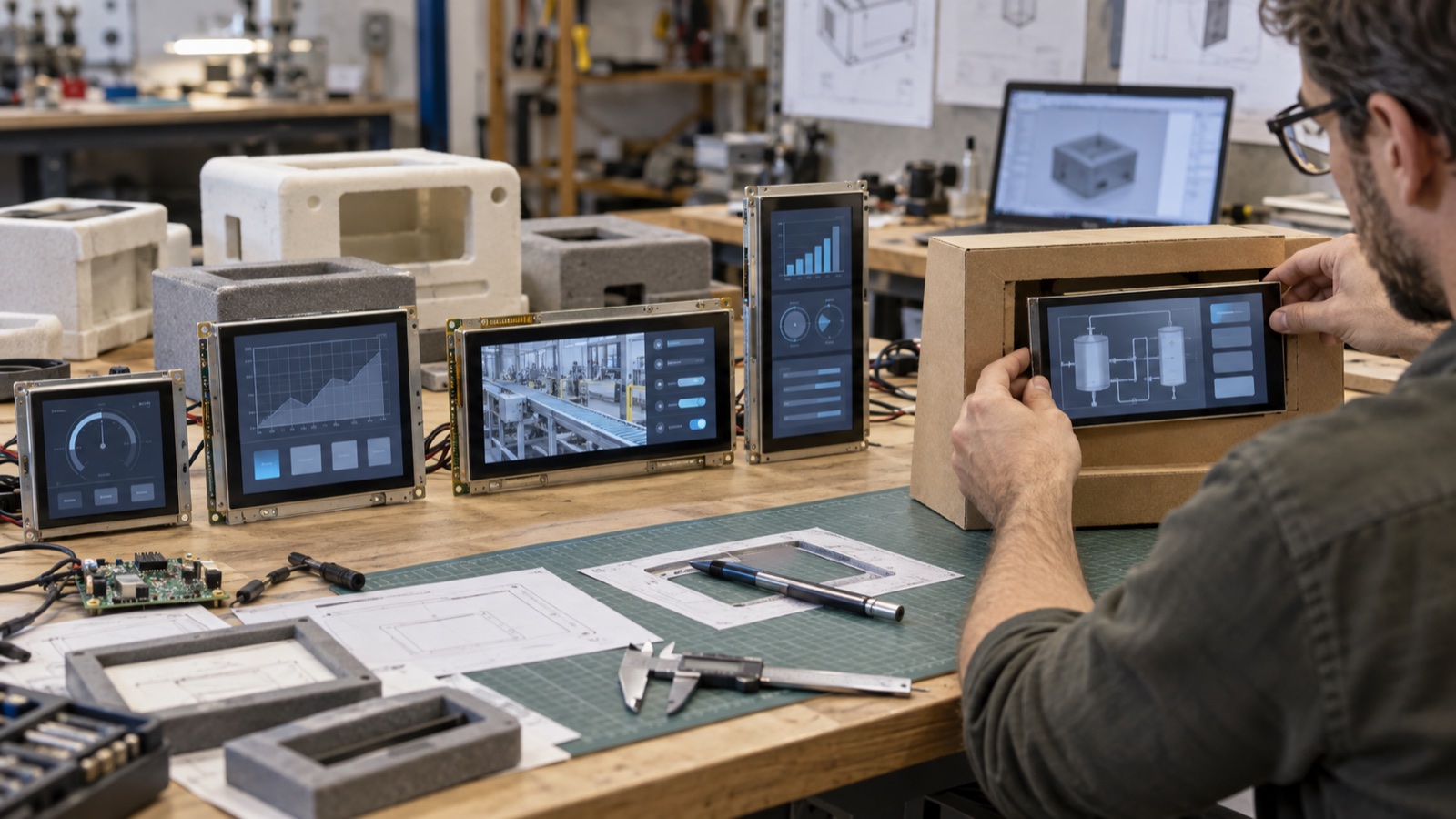 Industrial designer comparing square and widescreen display mockups on an engineering bench