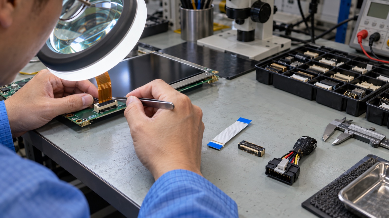 Technician inspecting FPC board-to-board and wire-harness display connectors on an assembly bench
