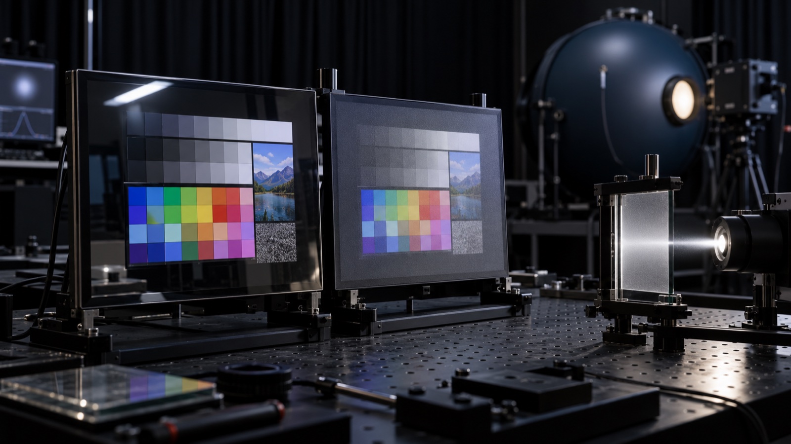 Illustrative optical laboratory comparison of clear and anti-glare display cover surfaces