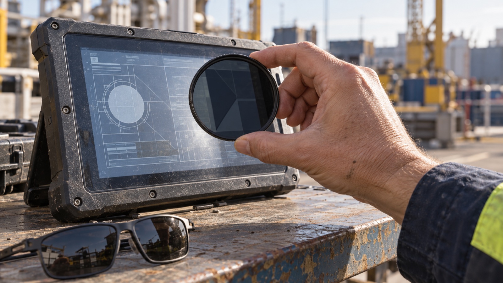 Illustrative outdoor inspection of an industrial LCD through a single rotating polarization filter