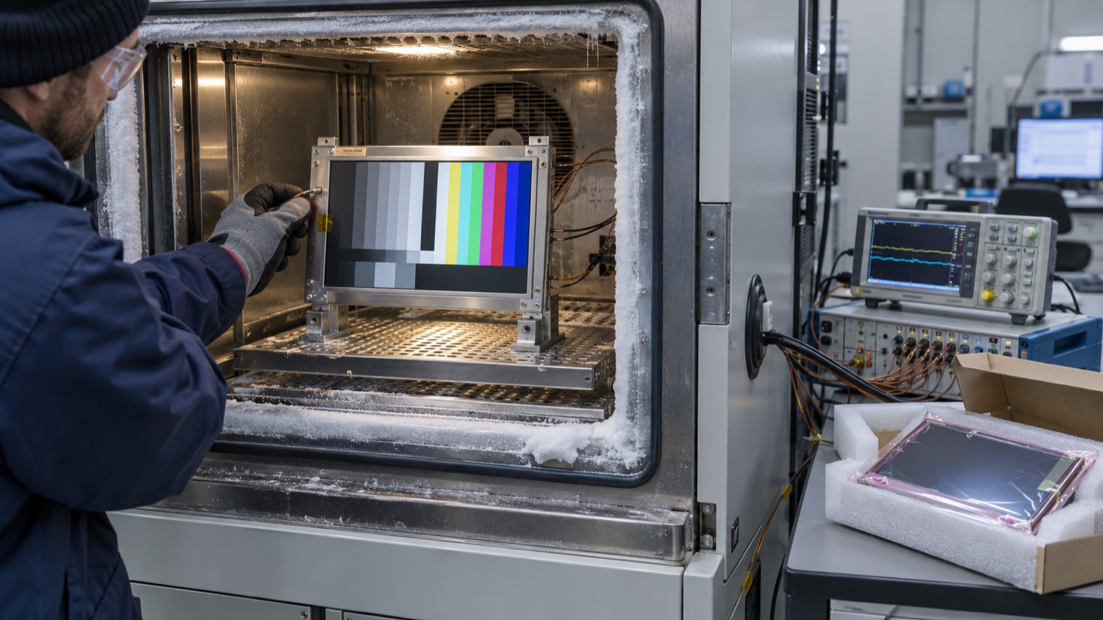 Industrial LCD module undergoing hot and cold environmental chamber testing