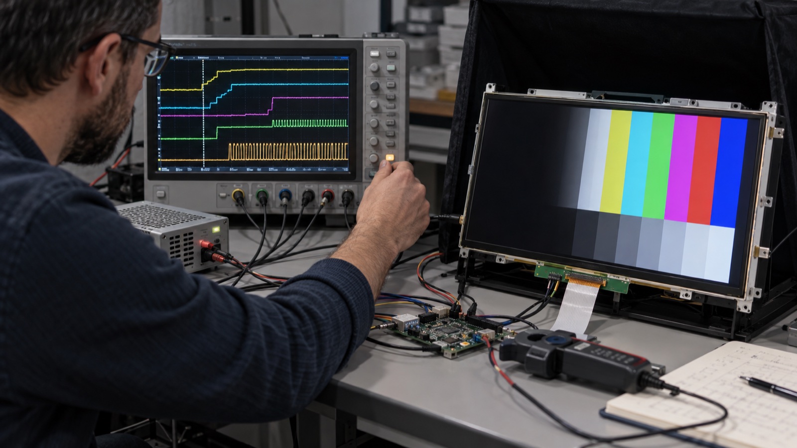 Engineer probing LCD power rails reset and backlight signals on an oscilloscope