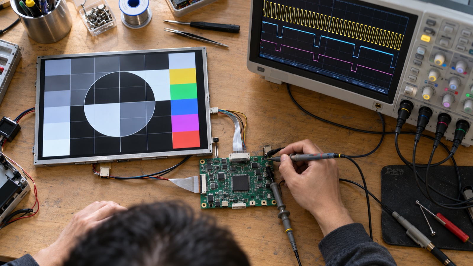 Engineer validating LCD pixel clock and sync timing on an oscilloscope