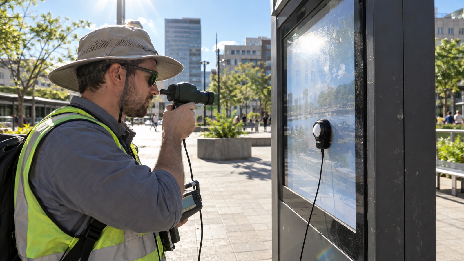 Field engineer measuring LCD luminance and ambient illuminance on an outdoor information display