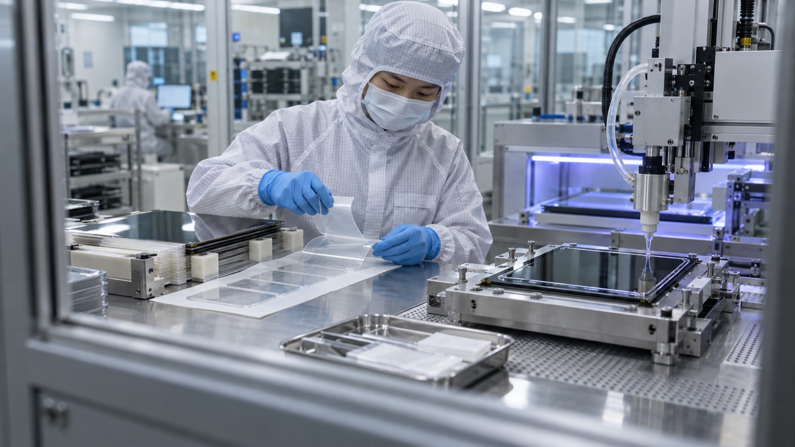 Illustrative cleanroom scene showing adhesive film handling and liquid optical resin dispensing
