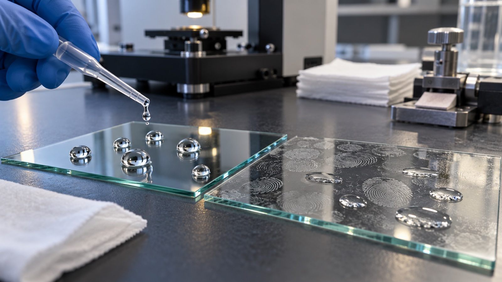 Technician comparing water droplets and fingerprint residue on coated industrial cover glass