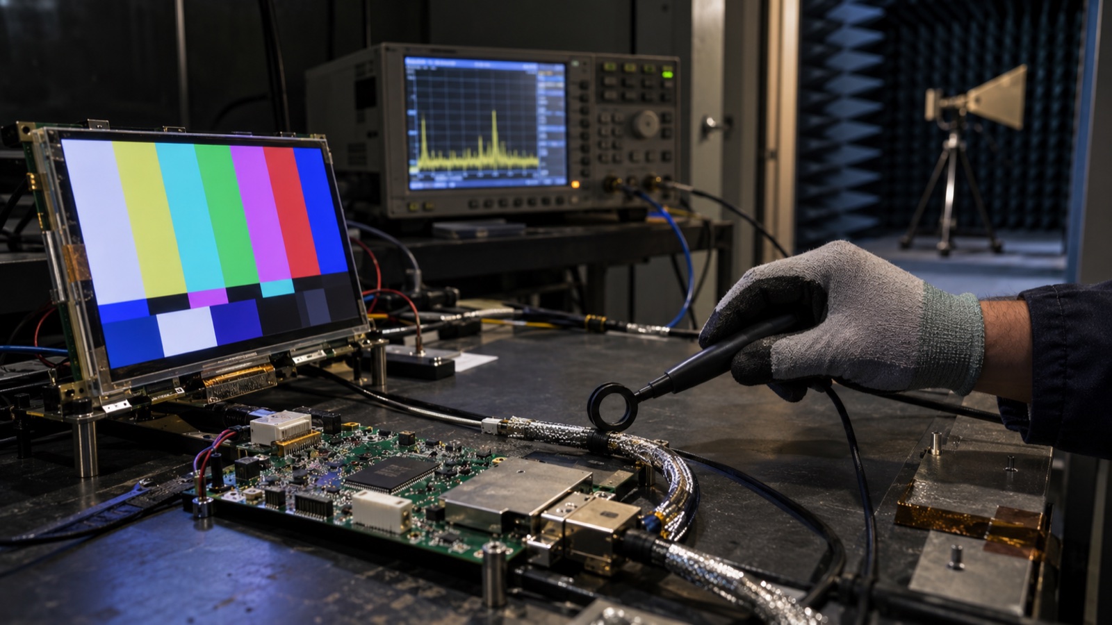 Engineer using a near-field probe to investigate EMI from a high-speed embedded display link