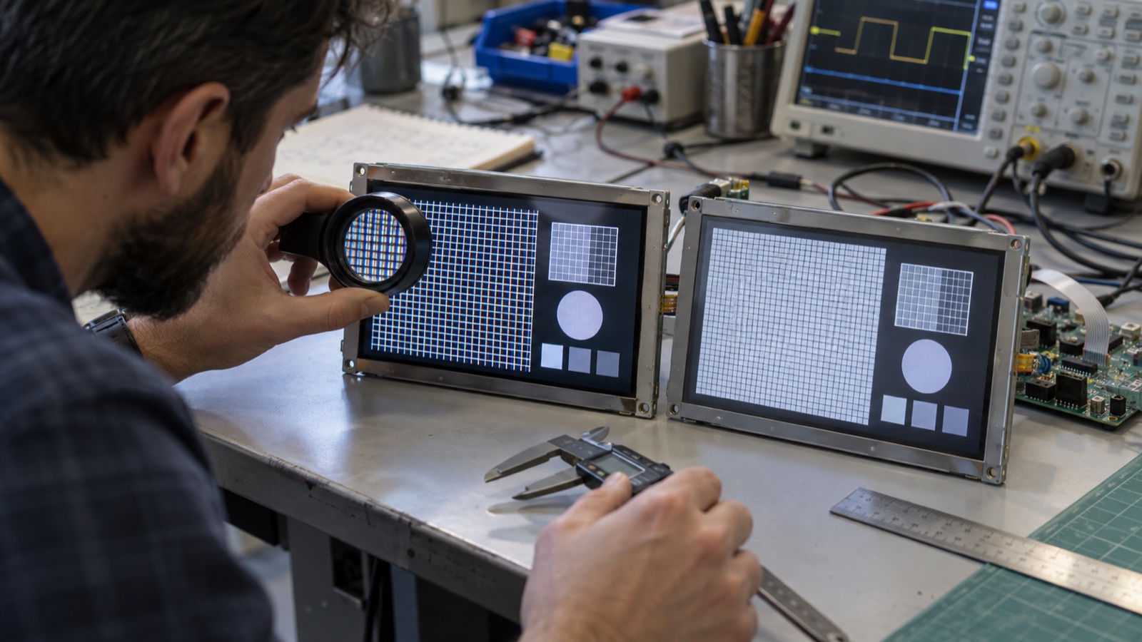 Engineer comparing pixel density on two industrial HMI displays with a magnifier