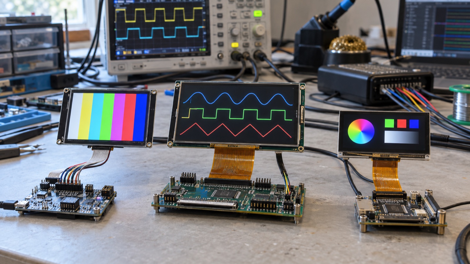 Three small TFT display prototypes connected by SPI ribbon, parallel RGB FPC, and MIPI DSI cable